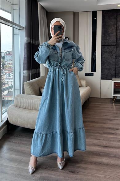 Beli Bağcıklı Kot Elbise  