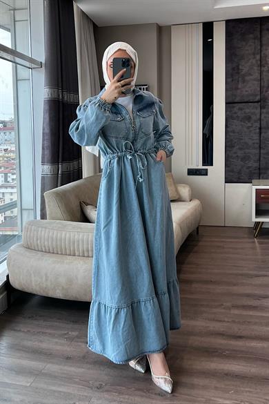 Beli Bağcıklı Kot Elbise  