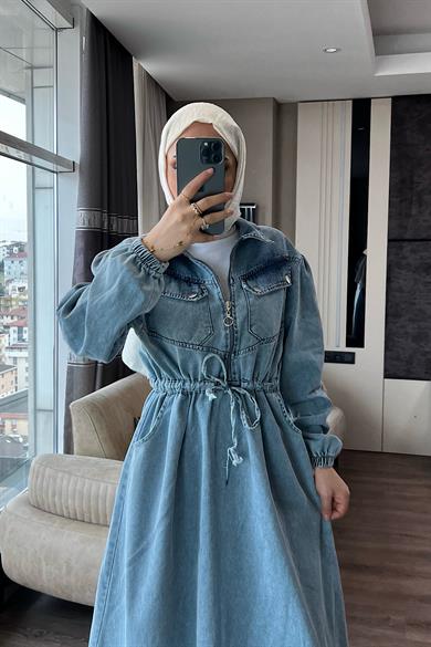 Beli Bağcıklı Kot Elbise  