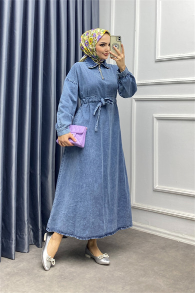 Beli Bağcıklı Kot Elbise