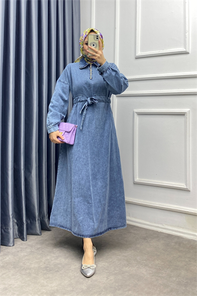 Beli Bağcıklı Kot Elbise