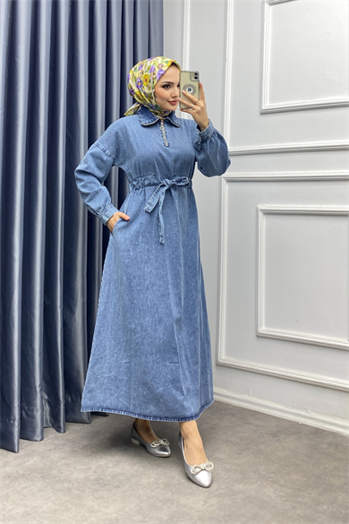 Beli Bağcıklı Kot Elbise