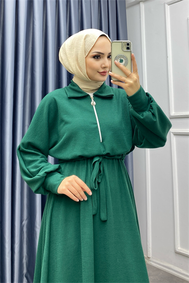 Beli Bağcıklı Yakası Fermuarlı Elbise Yeşil