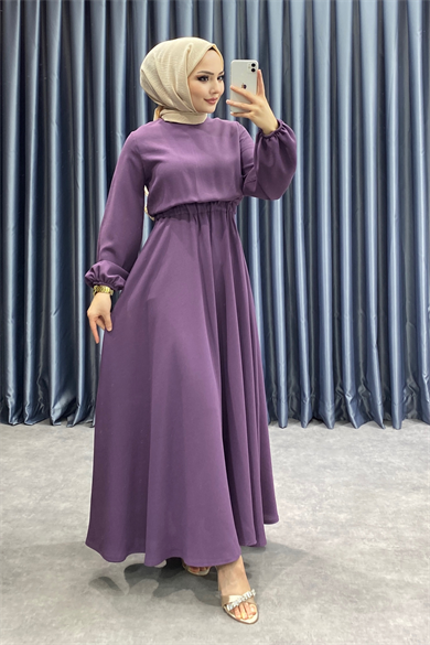 Beli Lastikli Elbise Mor