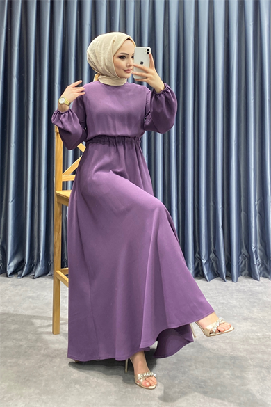 Beli Lastikli Elbise Mor