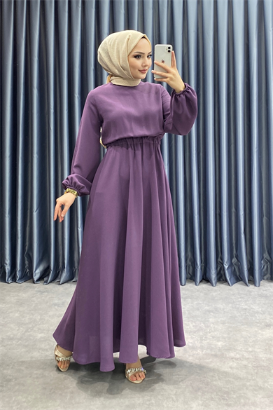 Beli Lastikli Elbise Mor