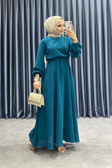 Beli Lastikli Elbise Petrol Yeşili