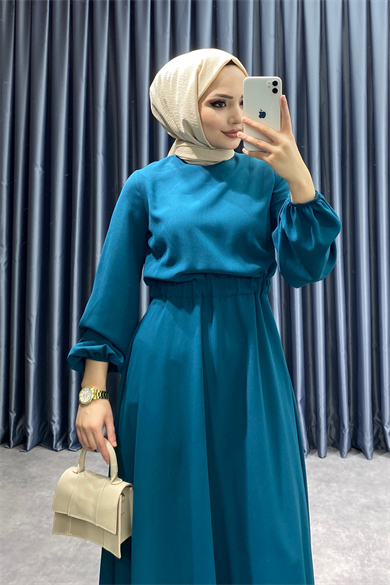 Beli Lastikli Elbise Petrol Yeşili