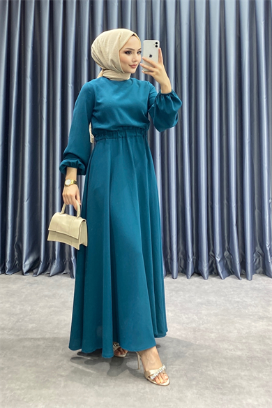 Beli Lastikli Elbise Petrol Yeşili