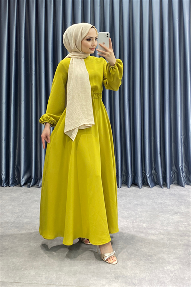 Beli Lastikli Elbise Yağ Yeşili