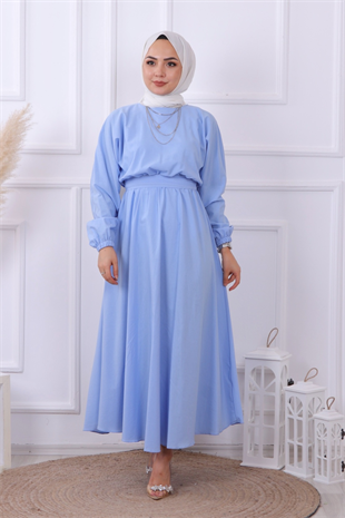 Beli Lastikli Kuşaklı Elbise Bebe Mavisi