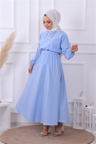 Beli Lastikli Kuşaklı Elbise Bebe Mavisi