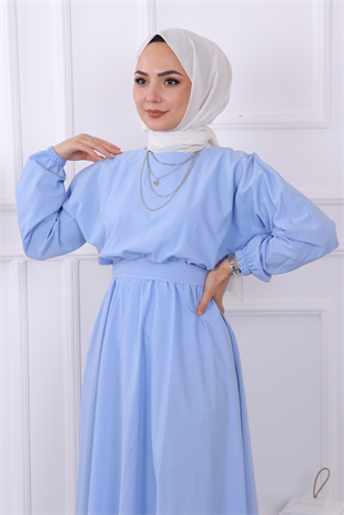 Beli Lastikli Kuşaklı Elbise Bebe Mavisi