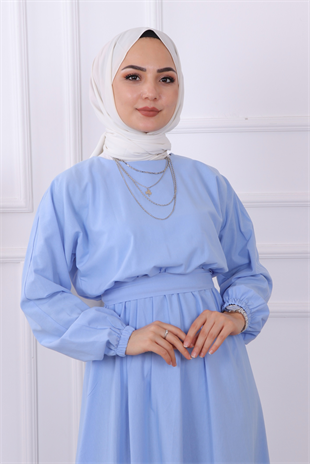 Beli Lastikli Kuşaklı Elbise Bebe Mavisi