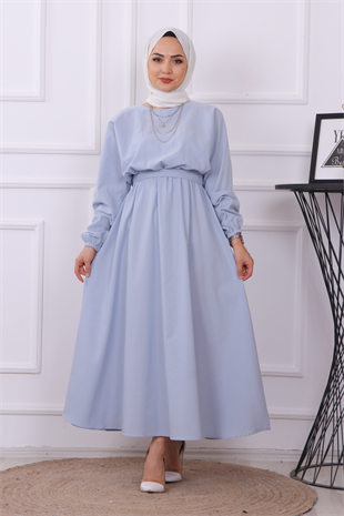 Beli Lastikli Kuşaklı Elbise  Mavi