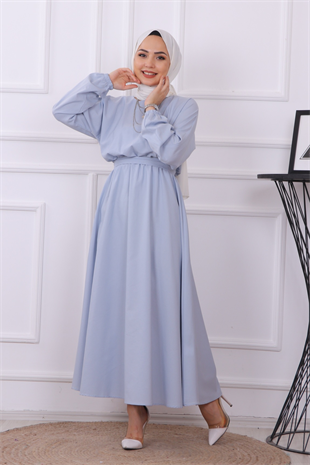 Beli Lastikli Kuşaklı Elbise  Mavi