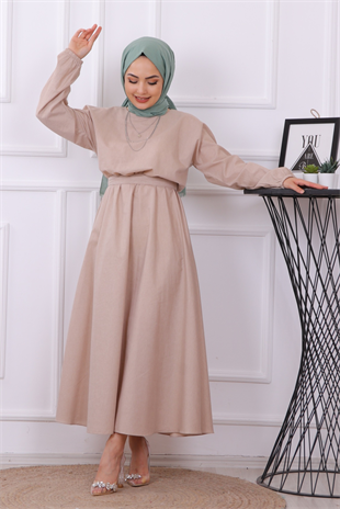 Beli Lastikli Kuşaklı Elbise Taş