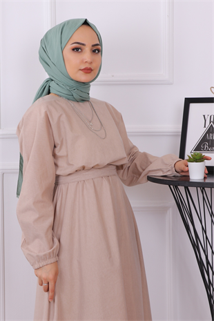 Beli Lastikli Kuşaklı Elbise Taş