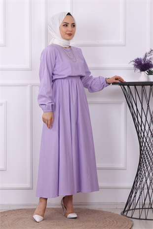 Beli Lastikli Kuşaklı Elbise Lila