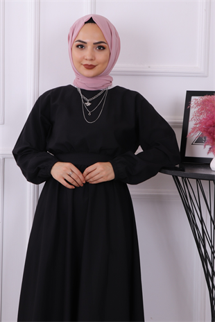 Beli Lastikli Kuşaklı Elbise Siyah