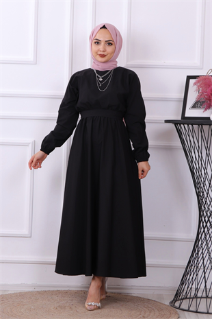 Beli Lastikli Kuşaklı Elbise Siyah