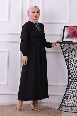 Beli Lastikli Kuşaklı Elbise Siyah