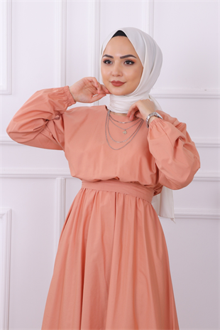 Beli Lastikli Kuşaklı Elbise Somon