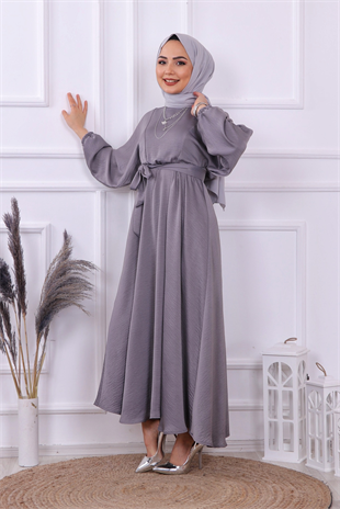 Beli Lastikli Saten Elbise Gri