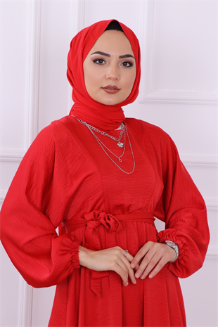 Beli Lastikli Saten Elbise Kırmızı