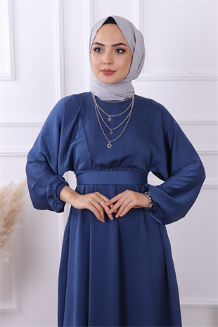 Beli Lastikli Saten Elbise Lacivert