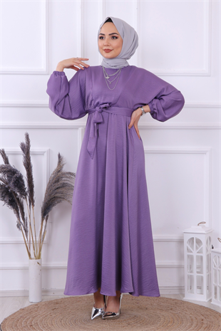 Beli Lastikli Saten Elbise Lila