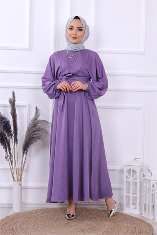 Beli Lastikli Saten Elbise Lila