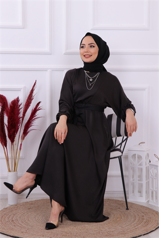 Beli Lastikli Saten Elbise Siyah