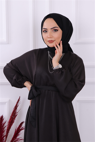 Beli Lastikli Saten Elbise Siyah