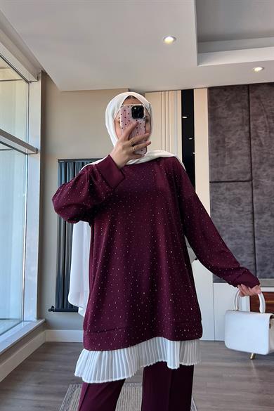 Altı Pileli Üzeri taşlı Takım Bordo 
