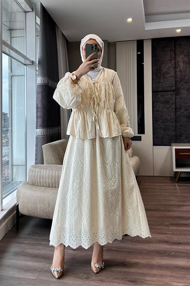 Bluzu Bağlamalı Fisto Etekli Takım Krem