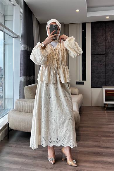 Bluzu Bağlamalı Fisto Etekli Takım Krem