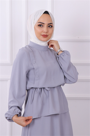 Bluzu Düğme Detaylı Takım Gri