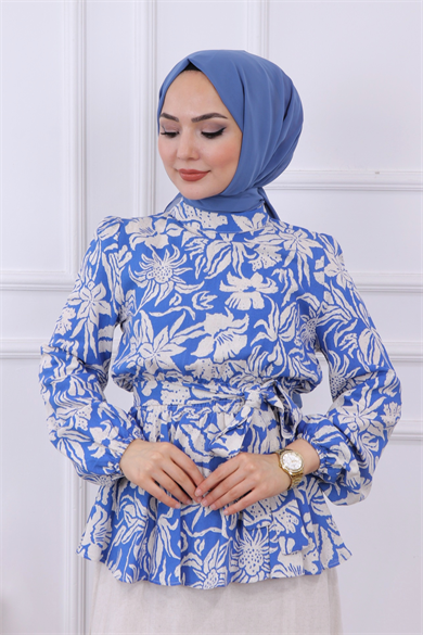 Bluzu Karanfil Desen Etekli Takım Mavi
