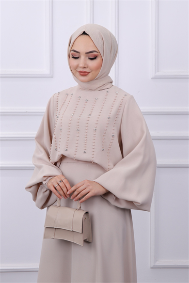 Bluzu Taşlı Takım Bej