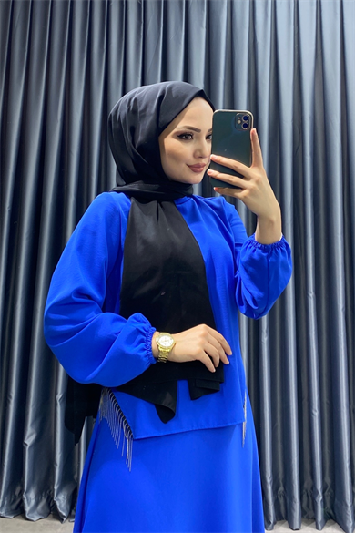 Bluzu Zincir Detaylı Takım Saks Mavisi