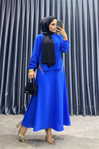 Bluzu Zincir Detaylı Takım Saks Mavisi