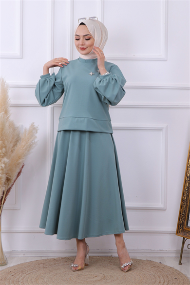 Boncuk Detaylı Takım -Mint Yeşili