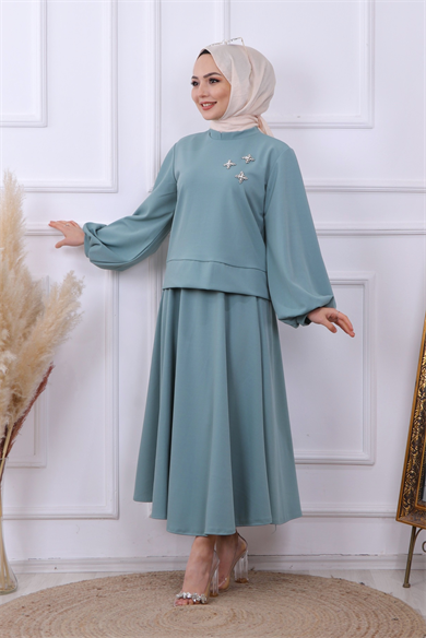 Boncuk Detaylı Takım -Mint Yeşili