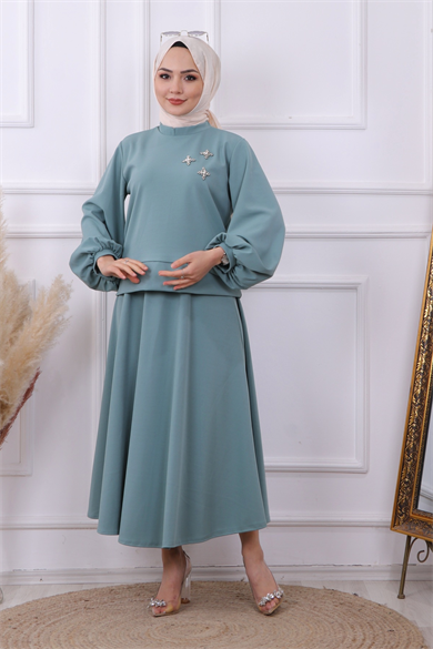 Boncuk Detaylı Takım -Mint Yeşili
