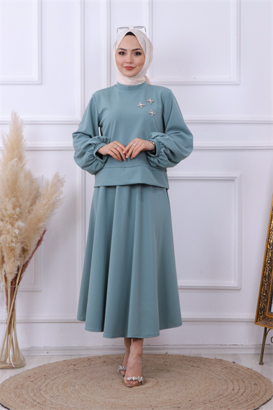 Boncuk Detaylı Takım -Mint Yeşili