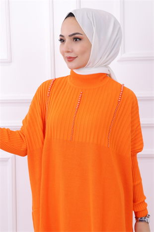 Boncuklu Triko Tunik Turuncu