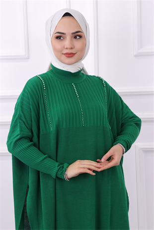 Boncuklu Triko Tunik Yeşil