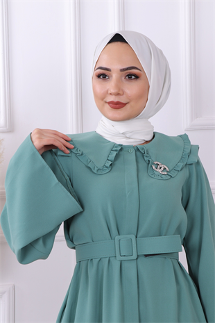 Bronş Detaylı Elbise Yeşil