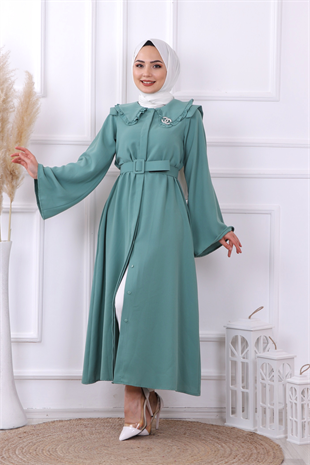 Bronş Detaylı Elbise Yeşil